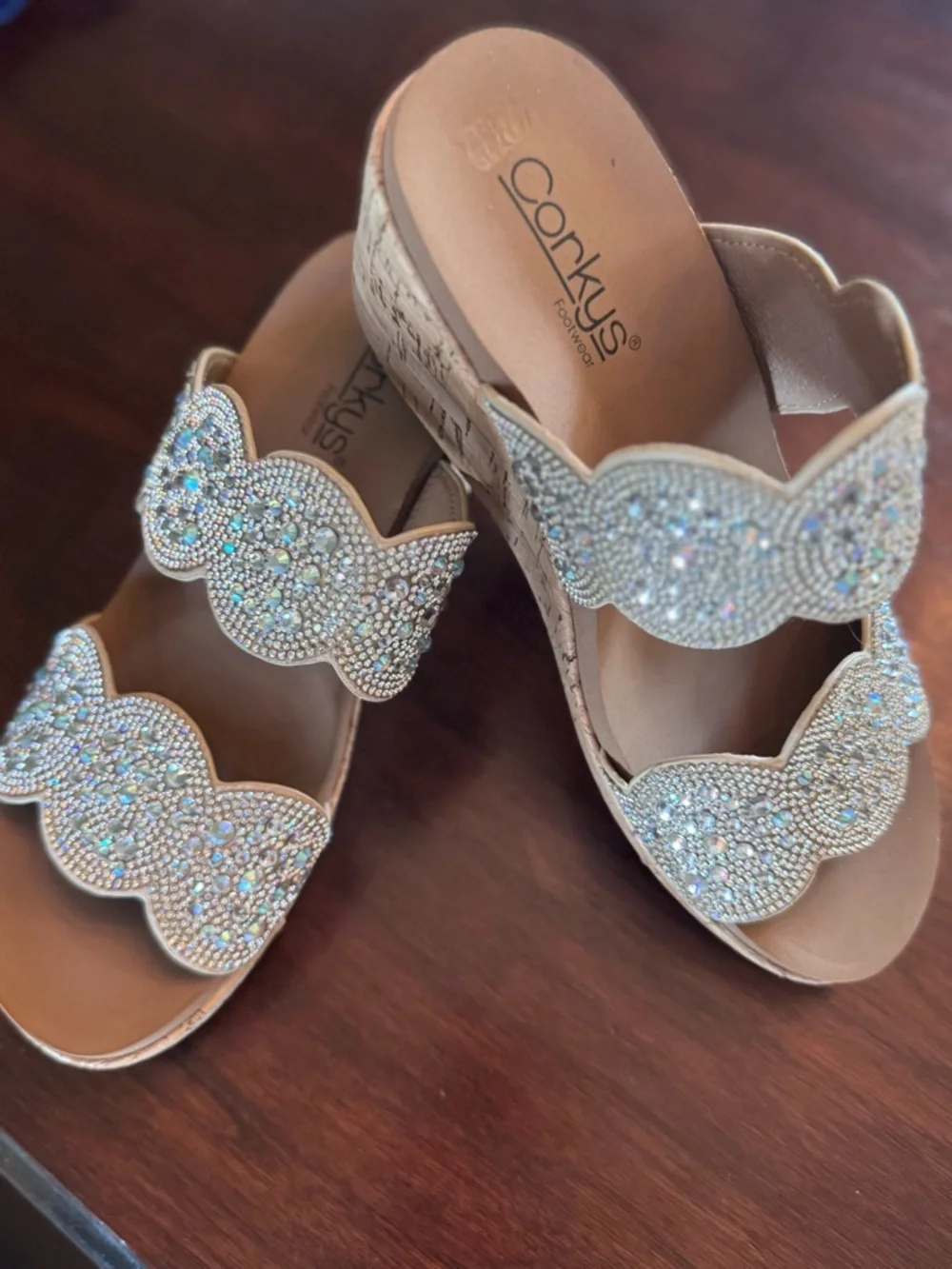 Corkys Blush Crystal Embellished Cork Wedge Sandals